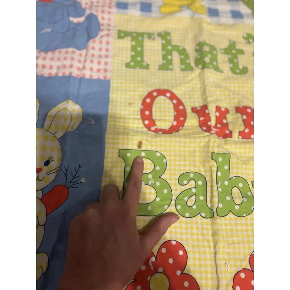 Vtg 80s‎ "That's Our Baby" Crib Blanket Teddy Bear Duck Blocks Bunny 43" X 36" - Picture 3 of 15